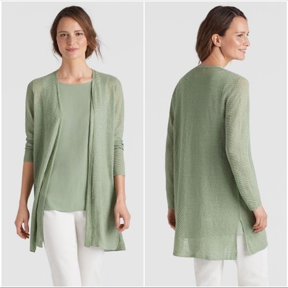 Eileen Fisher Pointelle Knit Pistachio Sage Green Open Front Hemp Blend Cardigan - Picture 1 of 9